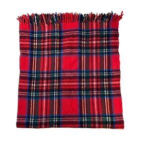 #6226 Wool Red plaid lap fringe Blanket throw 56 L X 52 W